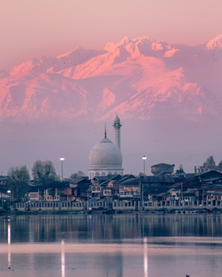 Shikara boats on a Kashmir lake below snow peaks